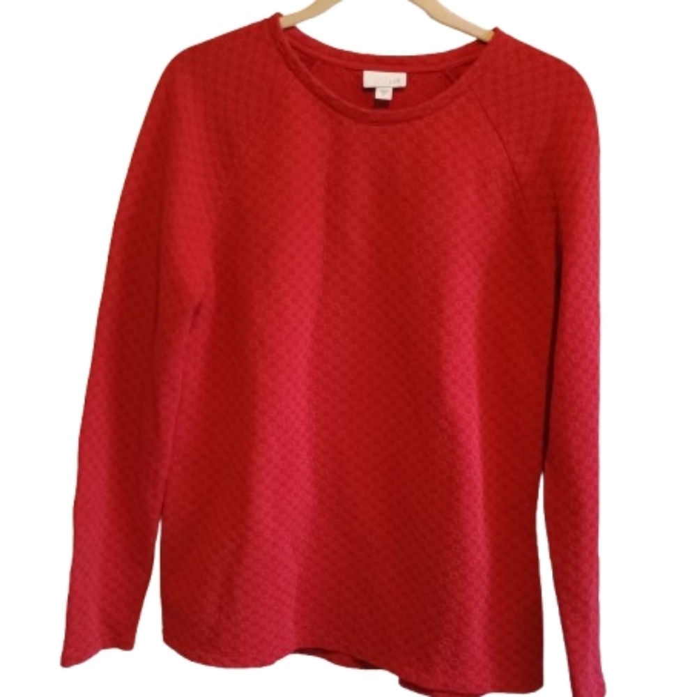 J. Jill Women’s Red Textured Pullover Top M Cotton Blend Lined Quilted Look Cozy